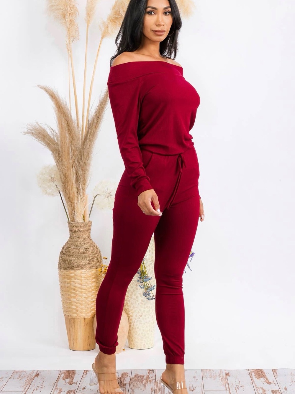 Off-Shoulder Ribbed Jumpsuit in Burgundy